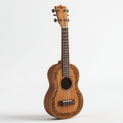 Obraz premium A traditional wooden ukulele with intricate detailing on the neck and a smooth, polished finish on a white background 