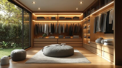 A beautifully designed, spacious modern walk-in closet with ample storage space and natural light streaming through large glass doors that open to a lush garden area.