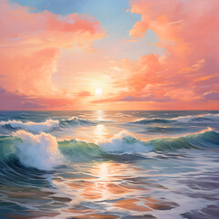 Obraz premium Tranquil Dusk: Serene Ocean View with Orange Sun Setting Over Majestic Horizon, an Anchored Boat, and Frothy Waves Caressing the Sandy Shore