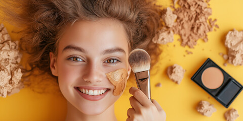 A happy girl is lying on a yellow background, applying foundation with a makeup brush. There are makeup elements scattered around her, emphasizing beauty and self-care.