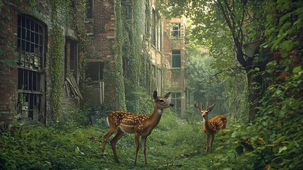 Deer wander through an overgrown area near abandoned buildings in early morning light