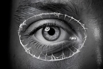 Fototapeta premium Eye of the person, Monochromatic close-up of an eye with intricate white jagged lines and a dark backdrop, emphasizing texture and contrast in a black-and-white theme, broken eye of person