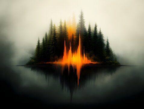 Captivating digital painting depicting a spectrogram visualization of the nuanced harmonious frequencies and vibrant acoustic tapestry within a thriving woodland environment