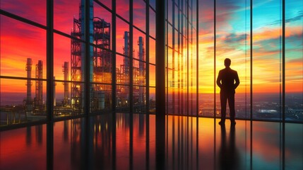 Engineer Silhouette at Sunrise Over Cityscape