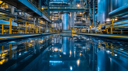 Fototapeta premium Industrial facility with reflective water surface showcasing complex machinery and pipes during the evening