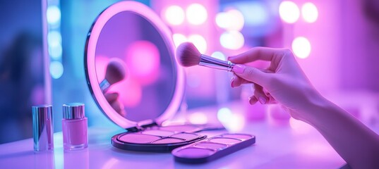 Fototapeta premium Woman s Hand Holding Makeup Brush, Eyeshadow Palette, and Cosmetics in Vibrant Neon Light