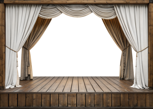 Empty wooden stage with white draped curtains