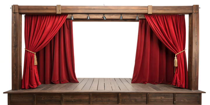 Empty wooden stage with red draped curtains
