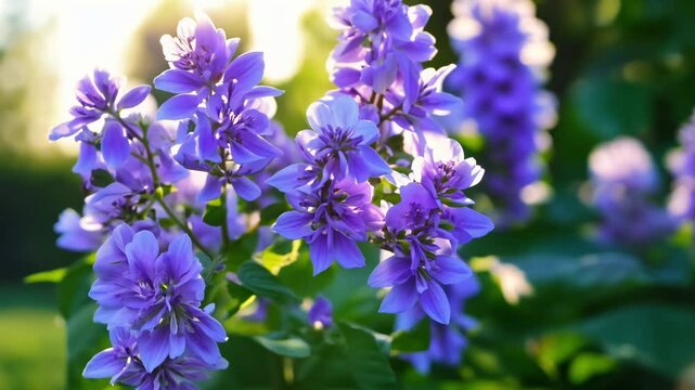 Zoom video in on a vibrant lilac cluster surrounded by lush greenery in ambient light