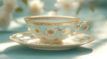 Delicate teacup and saucer with floral design on pastel background.