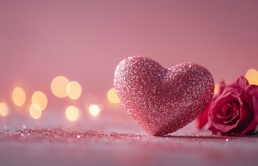 Obraz premium Heart-Shaped Pink Glitter Decoration with Roses and Lights Background