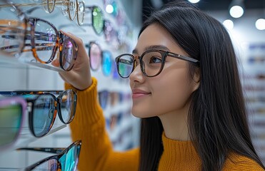 A woman in an eyewear store choosing glasses near display