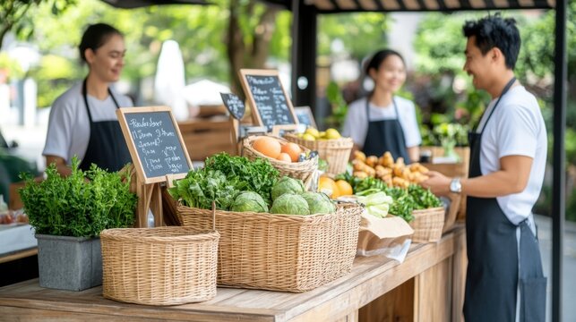 Fresh Market Stall with Organic Vegetables and Fruits, Friendly Vendors Engaging with Customers Outdoors