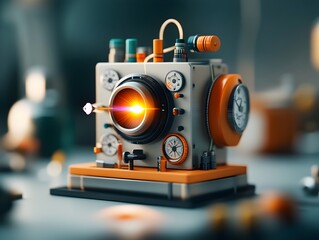 Detailed view of a sleek compact metallic spectrometer device analyzing atomic emissions with an intricate array of dials and readouts displaying a spectrum of colorful light