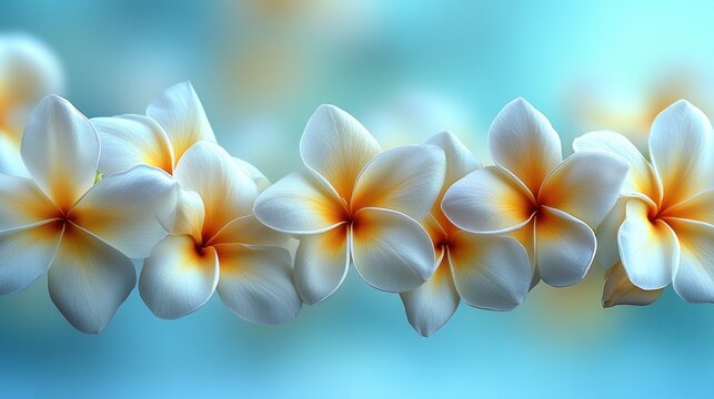 Delicate plumeria flowers in soft focus against a light teal background.