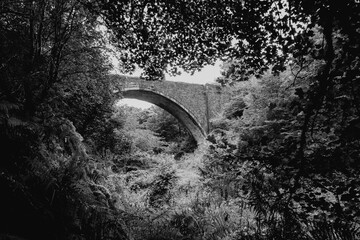 Durham England: 6th Sept 2024: The Causey Arch. A large stone arch bridge stands over a dense...