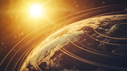 Earth axis diagram illustration showing the tilt of the Earth's rotational axis relative to its orbital plane, explaining the cause of seasonal changes and the distribution of sunlight.
