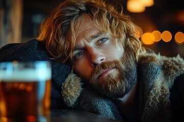 A Bearded Man with a Pensive Expression Sitting in a Cozy Bar Ambience with Soft Lighting and a Glass of Beer in the Foreground