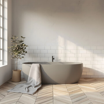 Une baignoire grise de style &eacute;pur&eacute; sur un parquet en chevron dans une salle de bain.