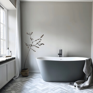 Une baignoire grise dans une salle de bain avec parquet en chevron.