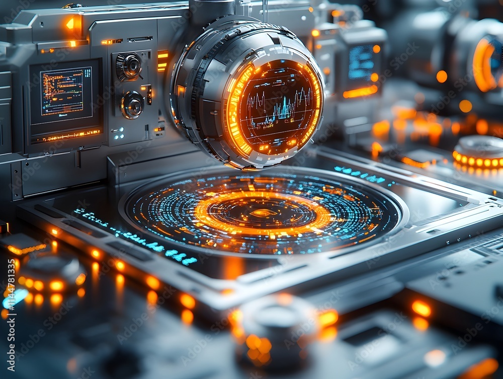 Poster a highly detailed and of a state of the art spectrometer analyzing the frequency of electron transit