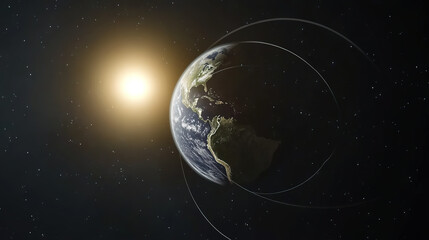 Fototapeta premium Earth axis diagram illustration showing the tilt of the Earth's rotational axis relative to its orbital plane, explaining the cause of seasonal changes and the distribution of sunlight. 