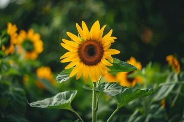 Fototapeta premium Brightening the Landscape: Tall Sunflower Plants with Bold Yellow Flowers