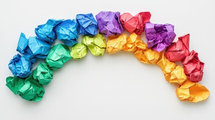 Colorful Crumpled Paper Balls Arranged in a Vibrant Rainbow Arc on a White Background