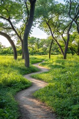 Obraz premium Winding Dirt Path Through a Lush Green Forest on a Sunny Summer Day, Tranquil Nature Scene