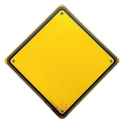 Blank yellow road sign isolated on white background empty warning traffic signage diamond shape caution symbol transportation safety information message board with black frame and rusty metal bolts