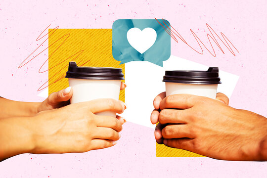 Composite trend artwork sketch image 3D photo collage of like banner icon notification popular heart app social media hand hold coffee cup