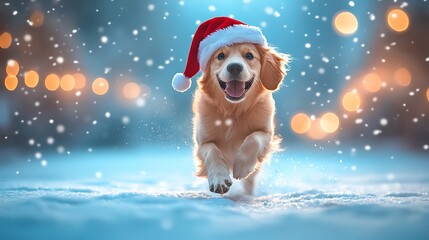 A friendly dog wearing a Santa hat running in the snow