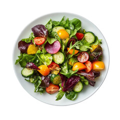Fresh vegetable salad with colorful tomatoes cucumber lettuce beetroot and arugula healthy food diet vegetarian meal vitamin lunch isolated on white background top view