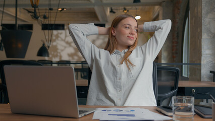 Business woman Caucasian businesswoman finish job task done good result read report girl female...