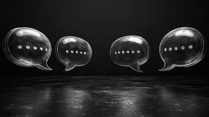 Doodles of speech bubbles in white chalk on black background create striking visual. These playful elements evoke communication and creativity, perfect for various design projects