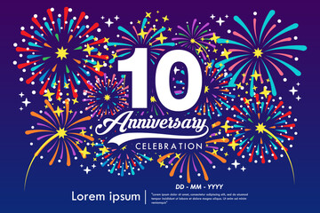 10th years anniversary celebration emblem. anniversary logo isolated with ribbon, sparkle, twinkle fireworks and stars. vector illustration template design for web, flyers, poster, greeting card