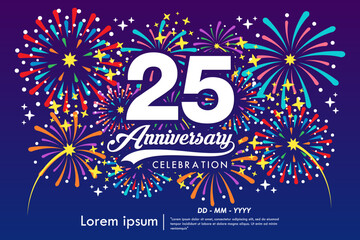 25th years anniversary celebration emblem. anniversary logo isolated with ribbon, sparkle, twinkle fireworks and stars. vector illustration template design for web, flyers, poster, greeting card