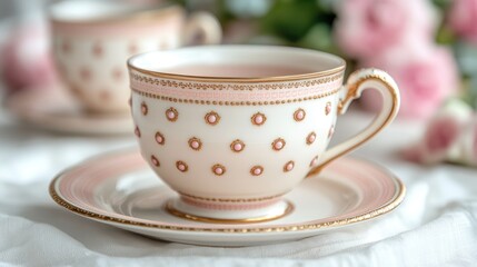 Fototapeta premium Elegant, vintage-style teacup and saucer with pink accents and gold detailing, on a white tablecloth, surrounded by pink flowers..