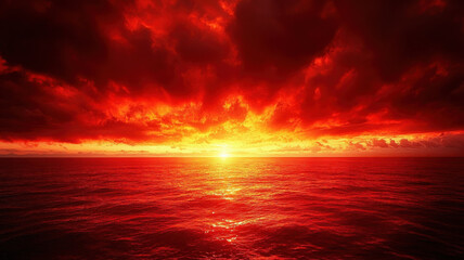 Dramatic red clouds in sky create stunning sunset view over ocean, reflecting vibrant colors on water surface, evoking sense of awe and tranquility