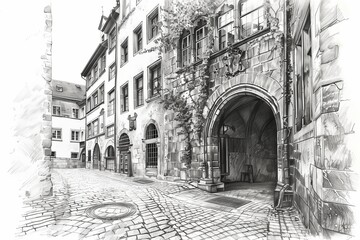 A sketch of a charming cobblestone street with historic buildings and an inviting archway surrounded by lush greenery.