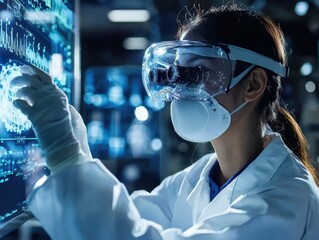 Female Scientist Wearing Augmented Reality Glasses in Laboratory Setting