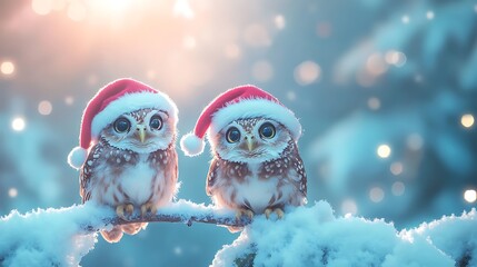 A pair of owls wearing Santa hats sitting on a snowy branch