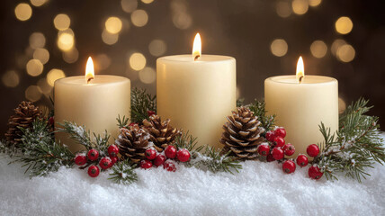 Elegant Christmas candle arrangement with pinecones and red berries, surrounded by snow, creating warm and festive atmosphere perfect for holiday celebrations