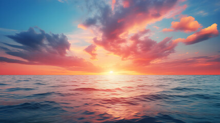 Tranquil Dusk: Serene Ocean View with Orange Sun Setting Over Majestic Horizon, an Anchored Boat, and Frothy Waves Caressing the Sandy Shore