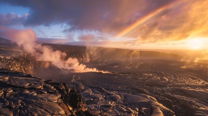 landscape at sunrise, with steam rising from hot springs, jagged black lava fields