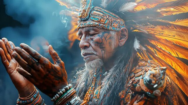 An ancient Mayan shaman performs a sacred ritual, praying to the spirits while surrounded by a flickering fire. The night sky shimmers with stars as he connects with his ancestors.