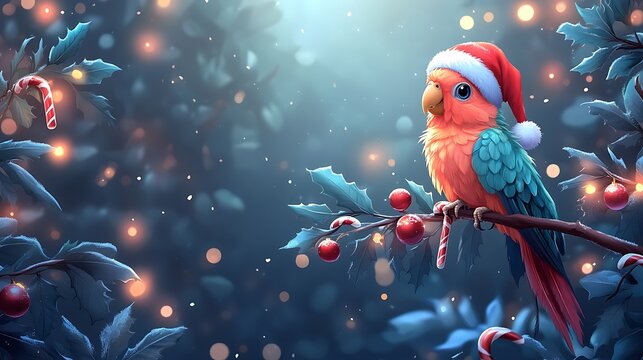 A vibrant parakeet with a Santa hat perched on a candy cane