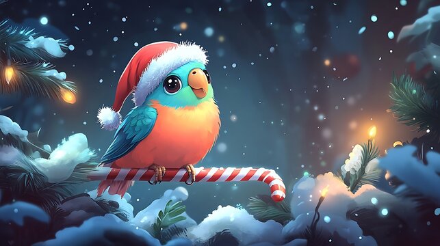 A vibrant parakeet with a Santa hat perched on a candy cane