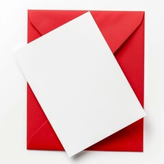 Blank white card is resting on a red envelope, providing ample copy space for your message