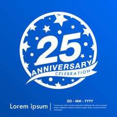 25th years anniversary celebration emblem. white anniversary logo isolated with ribbon and stars ball on blue background. vector illustration template design for web, flyers, poster, greeting card